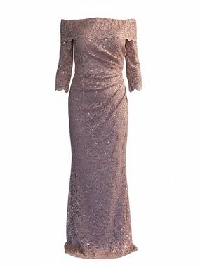 Vince Camuto Off Shoulder Sequined Lace Evening Gown-Rose